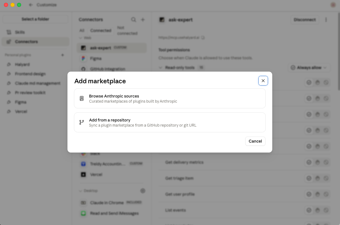 Add marketplace dialog showing the "Add from a repository" option