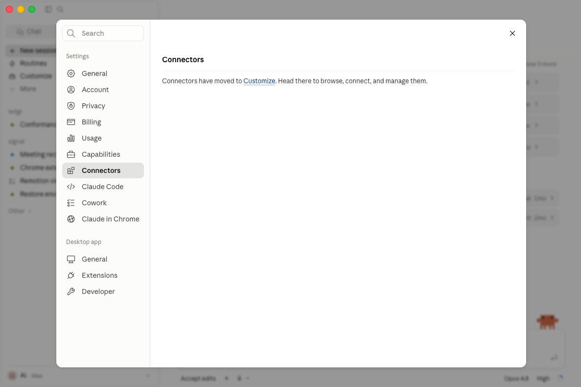 Settings → Connectors, with the notice that connectors have moved to Customize