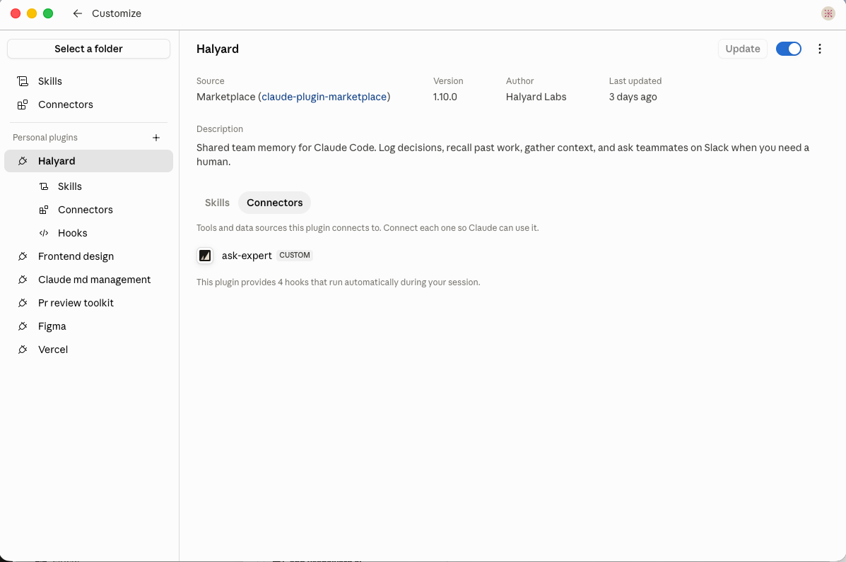 Halyard plugin page in Customize, showing the Connectors tab with the ask-expert connector